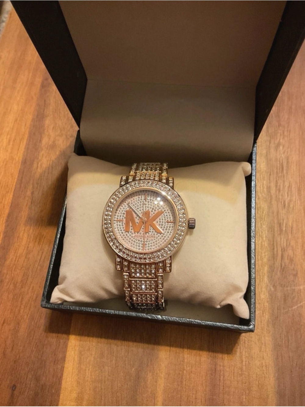 NWOT- Michael Kors Rose Gold Crystal MK Logo Bracelet Watch